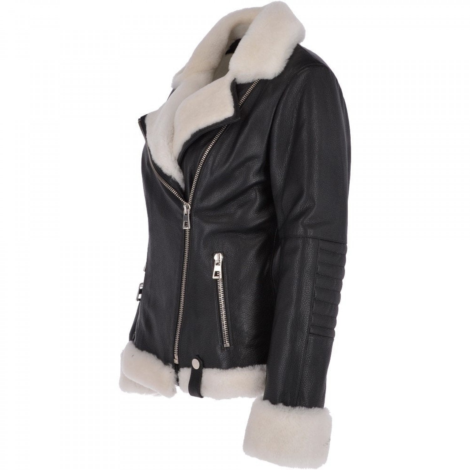 Women’s Biker Genuine Leather Jacket | Side Zip with Sheepskin Collar
